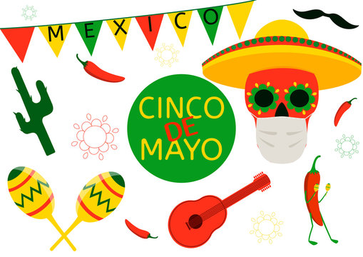 A set of vector images of Cinco De Mayo in the face of the 2020 pandemic. Skull in medical mask, Mexican guitar, maracas, jalapeno pepper, chili, mustache, Mexican cactus