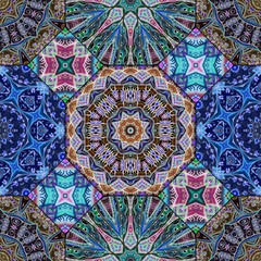 Beautiful seamless pattern of multicolored octagonal and quadrangular ceramic tiles on a black background. Print for fabric, wallpaper.