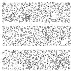 Brazilian vector pattern with palm, beach, sea, carnival. Brazil icons for posters and banners.