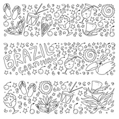 Brazilian vector pattern with palm, beach, sea, carnival. Brazil icons for posters and banners.