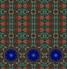 Beautiful seamless pattern with abstract ornamental stripes and a border of bright blue flowers. Print for fabric, textile.