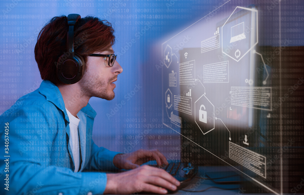 Poster hacker attack and data breach, cyber background