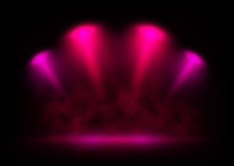 Vector red and pink spotlights on scene with light beams in the smoke. Design for presentation your product.