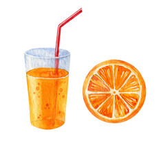 Watercolor illustration of orange juice and orange.