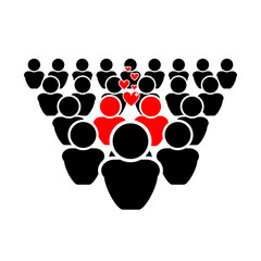 Vector simple people in love icon, black crowd and red lovers isolated on white background, colorful world, passion symbol.