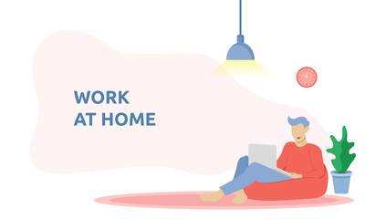 Work remotely at home concept. Young man working with laptop in comfortable armchair at home. People at home in quarantine. Vector llustration suitable for background design of your web template.