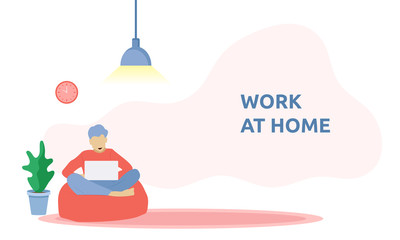 Fototapeta na wymiar Work remotely at home concept. Young man working with laptop in comfortable armchair at home. People at home in quarantine. Vector llustration suitable for background design of your web template.