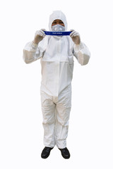 assistant nurse man wearing medicine protective glasses, face medical mask during flu covid-19 epidemic. Doctors clothes and virus protection at coronavirus Screening staff put face shield covid-19