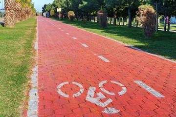 Bike lane with road symbols painted on a red color pavement