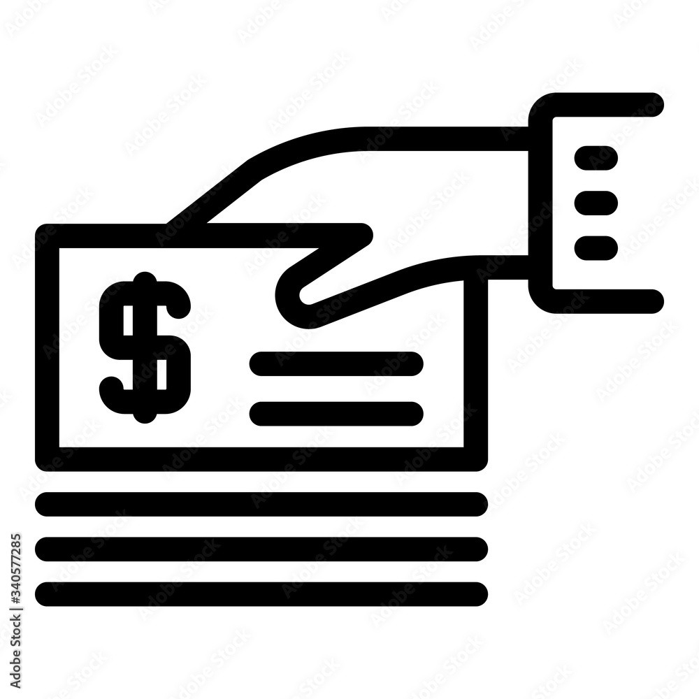 Poster hand with money check icon. outline hand with money check vector icon for web design isolated on whi