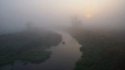 Autumn sunrise in the fog