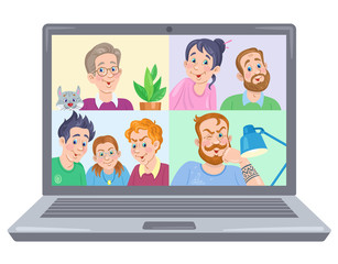 Home office. Working conference on laptop screen. Video chat online. Internet communication during quarantine. In cartoon style. Vector  flat illustration
