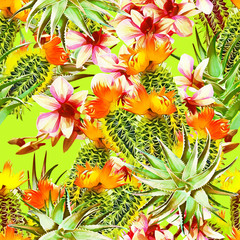 Cactus with aloe vera and orchids, seamless pattern.
