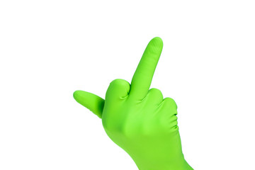 Hand with green rubber protective glove isolated on white gesturing middle finger. Signs of...