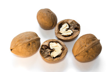 walnuts isolate on a white background in a shell half a whole brain owl