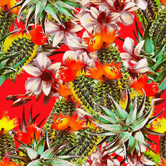 Cactus with aloe vera and orchids, seamless pattern.