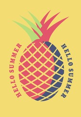 Pineapple graphic. Colorful summer vector banner or tee shirt print design template with tropical fruit on yellow background.