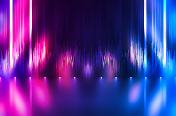 Empty dark abstract background. Background of empty show scene. Glow of neon lights and neon...