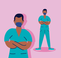 afro doctors with face masks characters