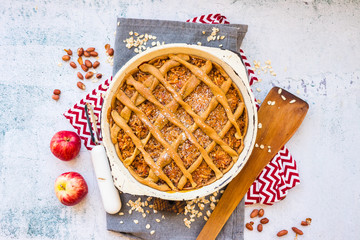 Apples fruits baked pastry pigtail pie or cake, tart. Sweet vegan non diary breakfast crumble...