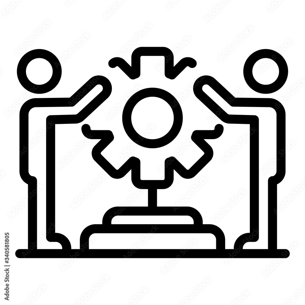 Poster two men holding cog icon. outline two men holding cog vector icon for web design isolated on white b