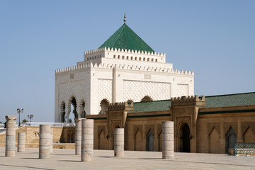 The white building of Mohamed V Mausoleum in Rabat, Morocco