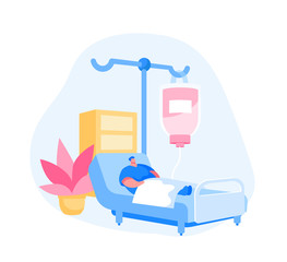 Healthcare Concept. Sick Injured Patient Character Lying in Medical Bed with Dropper. Clinic Ward Hospital Interior, Recovery after Disease or Intoxication, Fight for Life. Cartoon Vector Illustration