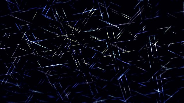 Geometric pattern with short neon lines moving fast one by one in diagonal direction. Animation. Narrow stripes crossing and flowing on black background, seamless loop.