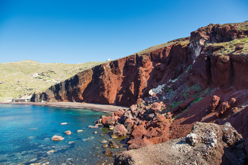 Beautiful scenery of red sand beach in akrotiri village Santorini, Greece