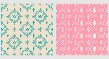 Two samples of background wallpaper for your design, vector graphics. Used colors: green, white, pink. Seamless pattern
