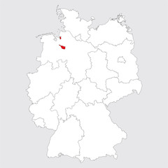 Bremen province highlighted on germany map. Gray background. German political map.