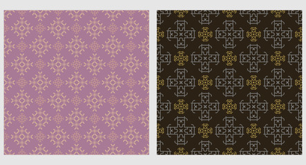 Two decorative geometric patterns. Retro style. Colors used in the images: black, gold, purple. Vector image.