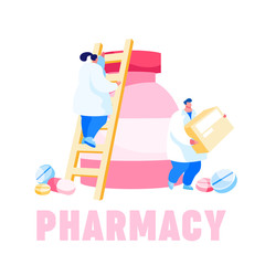 Tiny Pharmacist Characters Climbing on Huge Medicine Bottle with Drug Pills and Tablets. Pharmacy, Drugstore Worker with Remedy Production Box Poster Banner Flyer. Cartoon People Vector Illustration