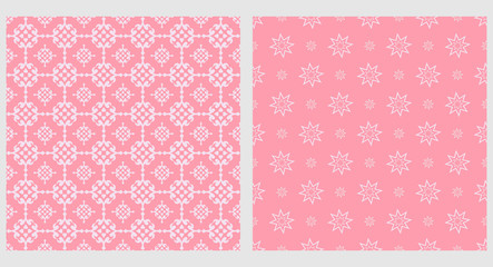 Two decorative patterns. Retro style. Colors used in the images: pink, white. Vector illustration.