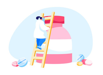 Fototapeta premium Tiny Pharmacist Female Character Climbing on Huge Medicine Bottle with Drug Pills and Tablets Scattered around. Pharmacy Drugstore Worker, Remedy Production Business. Cartoon Vector Illustration