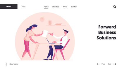 Insight, Project Development Landing Page Template. .Creative Businesswoman Character Share Good Idea with Business Man Boss or Partner Sitting at Table with Laptop. Cartoon People Vector Illustration
