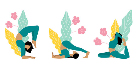 Women s yoga. Vector illustration of a beautiful girl in different poses of yoga.