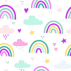 Seamless vector pattern with drawn rainbows, stars, and hearts. Scandinavian children's texture for fabric, wraps, textiles, Wallpaper, clothing. Illustration on a white background