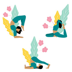 Women's yoga. Vector illustration of a beautiful girl in different poses of yoga.
