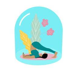 Yoga pose, meditation and healthy lifestyle. Beautiful athletic girl in a mask does yoga at home.