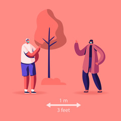 Male and Female Characters in Medical Masks Stand on One Meter Distance Greeting Each Other on Street during Covid19 Pandemic Quarantine. Social Distancing Concept. Cartoon People Vector Illustration
