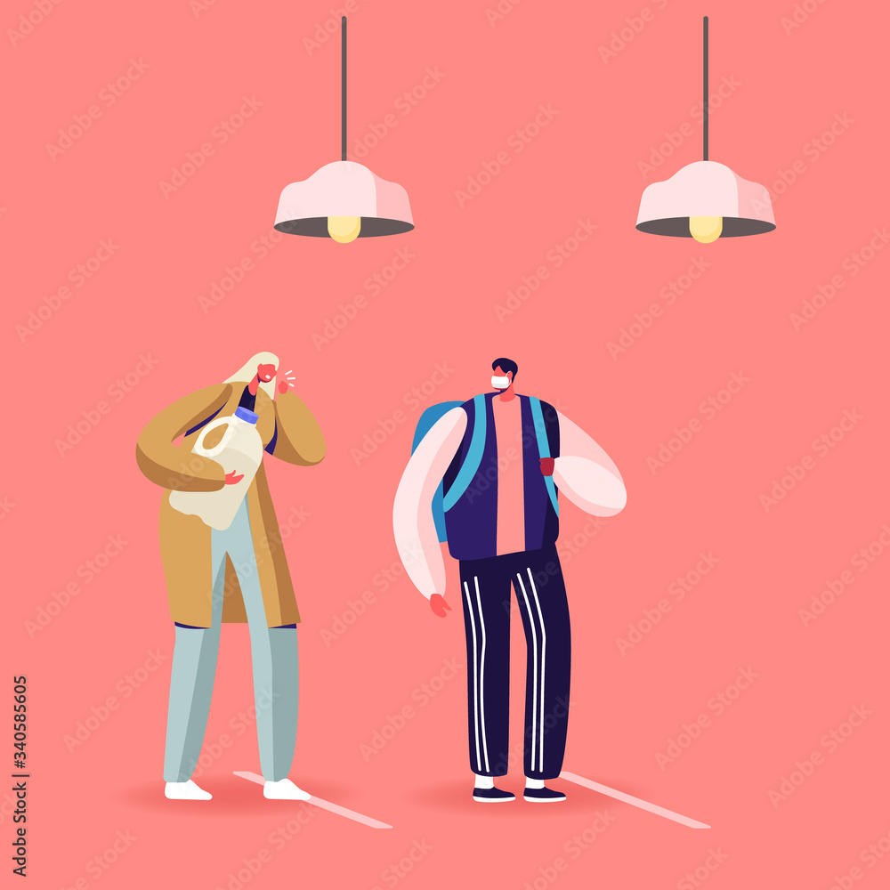 Poster characters stand in grocery queue with keep distance lines. woman without mask coughing on man. cust