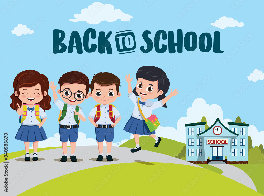 Poster back to school classmates vector design. back to school text and campus with pre-school, student cha