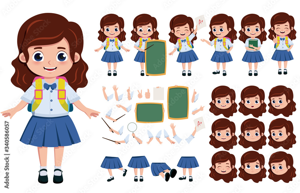Poster student girl character creation, vector set. school girl editable character creation, kit in differe