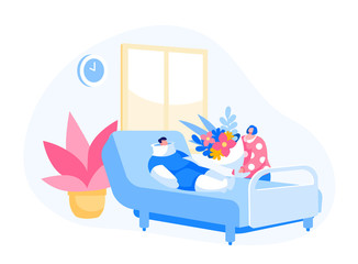 Bandaged Sick Male Characters Lying in Hospital Chamber, Woman Wife or Friend with Flowers Bouquet Visiting Disabled Patient. Health Care in Clinic Department. Cartoon People Vector Illustration