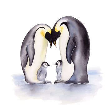 Watercolor illustration of a couple penguins with babies