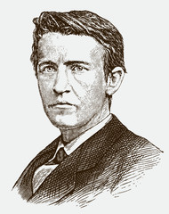 Portrait of young Thomas Alva Edison, historic American inventor and businessman, after antique engraving from 19th century