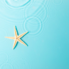 Fototapeta na wymiar Water background. Blue water texture, surface of blue swimming pool and starfish. Spa concept background. Flat lay, top view, copy space