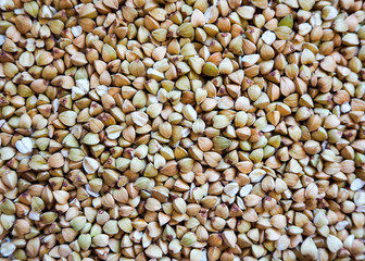 Raw green buckwheat . Triangular shaped seeds . Organic food