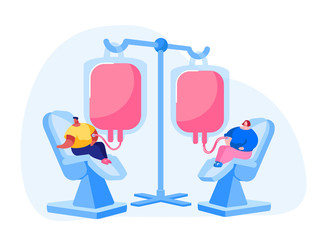Blood Donation Concept. Characters Donate Blood for Diseased People in Hospital. Lifeblood Pouring into Plastic Container. Donors Sitting in Medical Chairs in Clinic. Cartoon Vector Illustration
